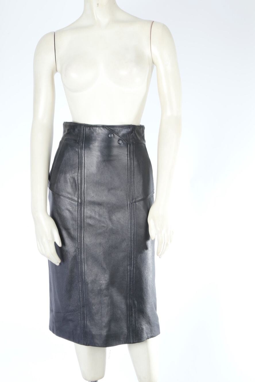 Vintage Pelle Cuir Black Genuine Leather Paneled High Waist Pencil Midi Skirt 6